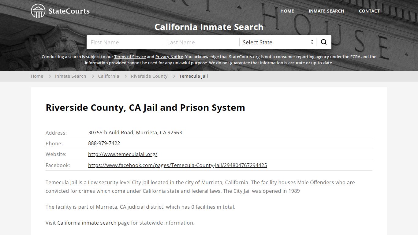 Temecula Jail Inmate Records Search, California - StateCourts